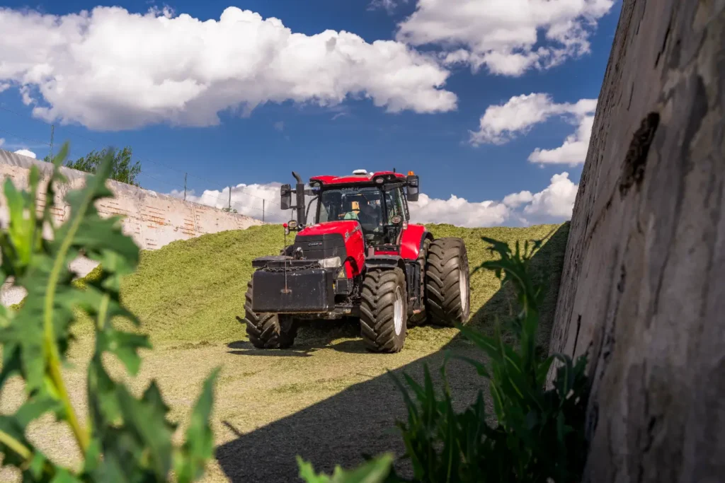 Červený traktor na poli s krmivem pod modrou oblohou.